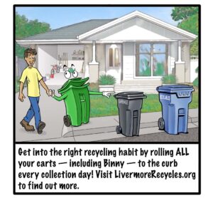 Guy rolling carts to curb: Get into the right recycling habit by rolling ALL your carts - including Binny - to the curb every collection day!