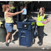 screenshot of woman placing plastic jug in recycling and Livermore Recycles rep saying YES